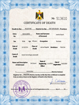 Palestine vital record death certificate PSD template, completely editable