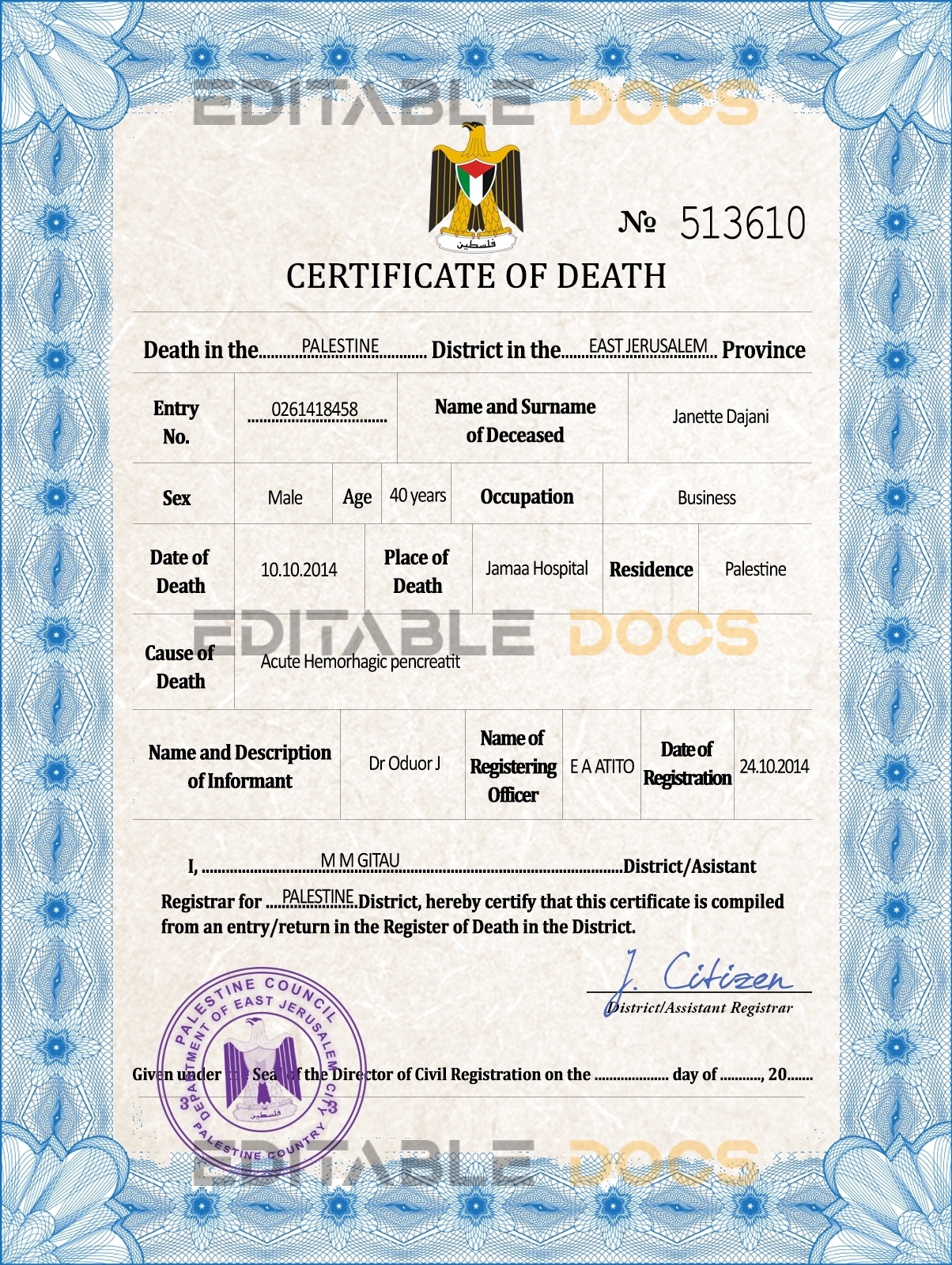 Customizable Palestine Death Certificate PSD Templates | Instant Download