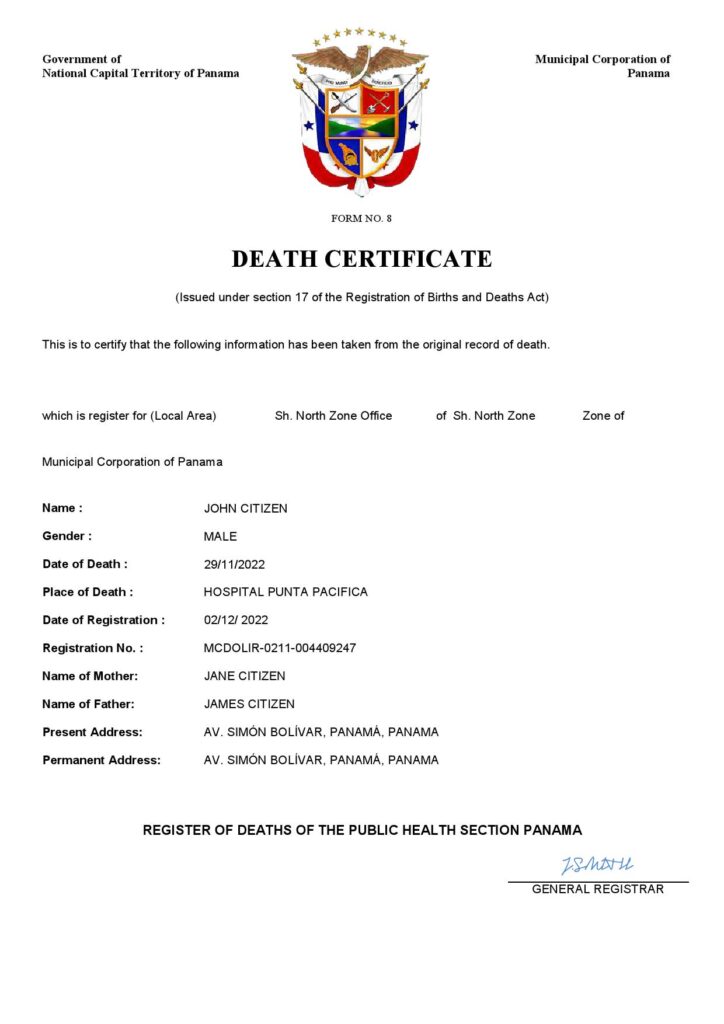 Panama death certificate Word and PDF template, completely editable