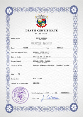 Panama vital record death certificate PSD template, fully editable