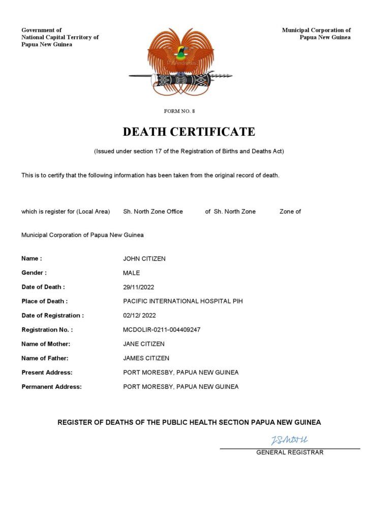 Papua New Guinea vital record death certificate Word and PDF template