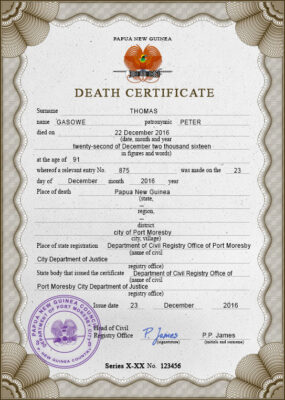 Papua New Guinea death certificate PSD template, completely editable