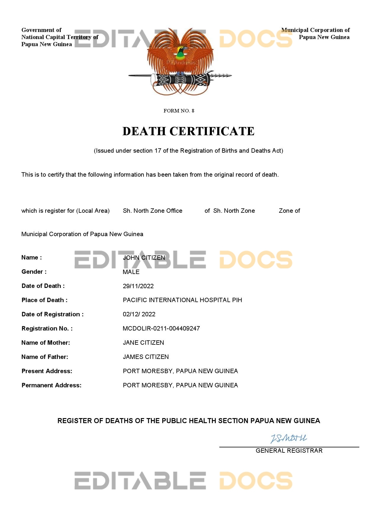 Fillable Papua New Guinea Death PDF Templates | Blank Docs