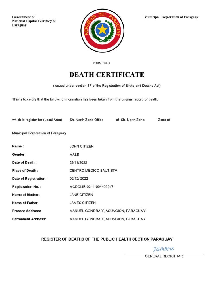 Paraguay death certificate Word and PDF template, completely editable