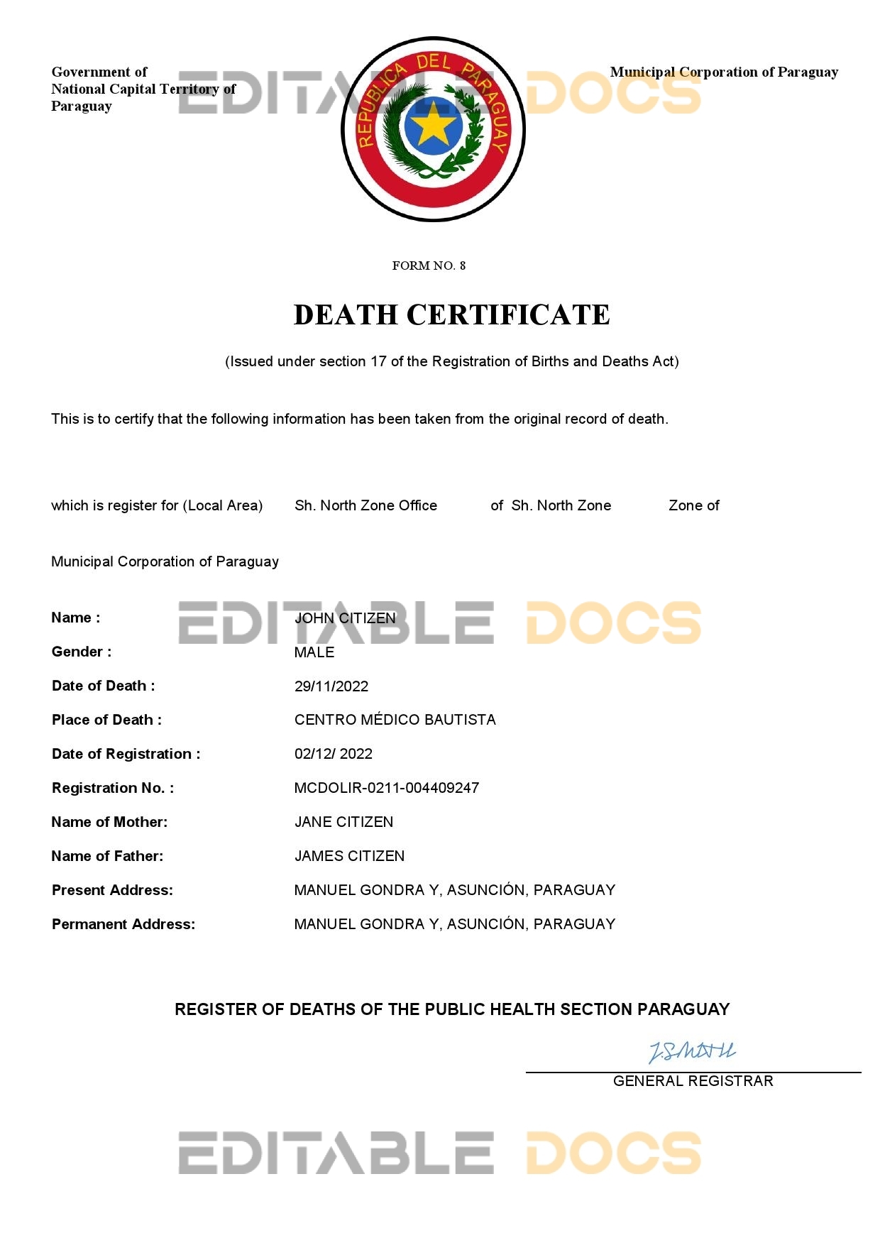 Fillable Paraguay Death PDF Templates | Blank Docs