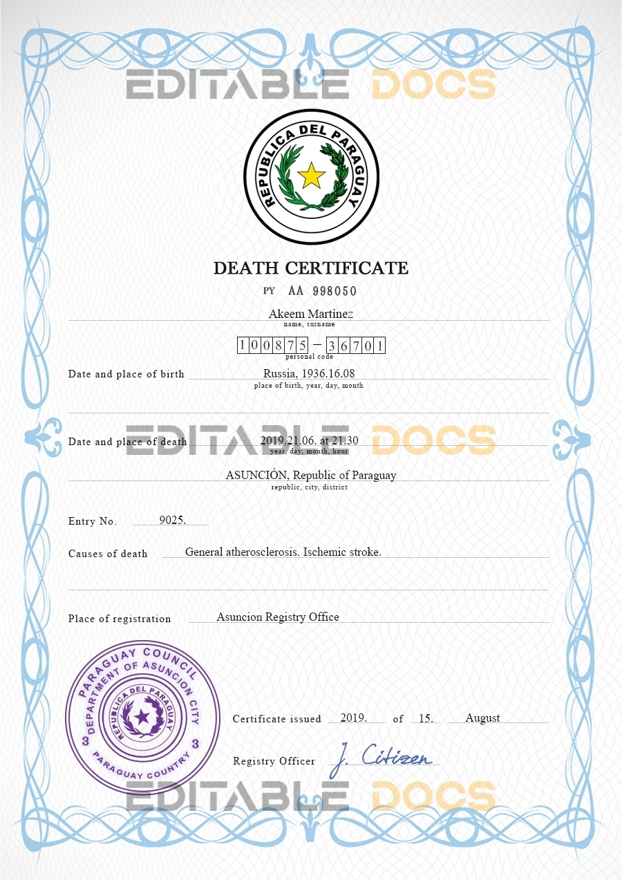 Customizable Paraguay Death Certificate PSD Templates | Instant Download
