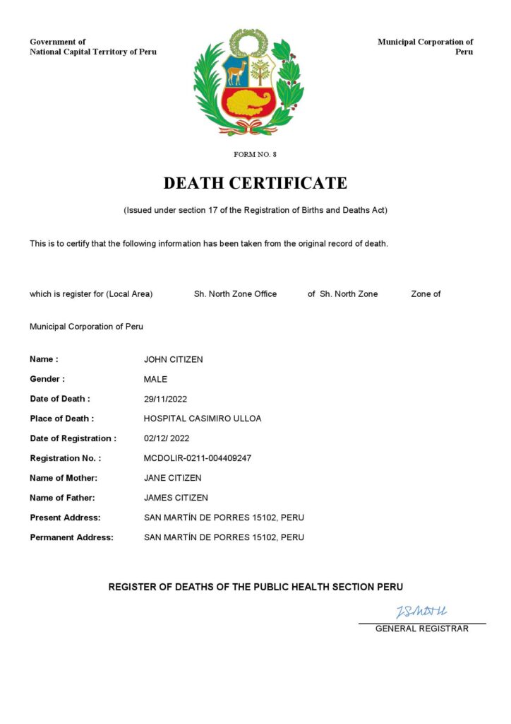 Peru vital record death certificate Word and PDF template