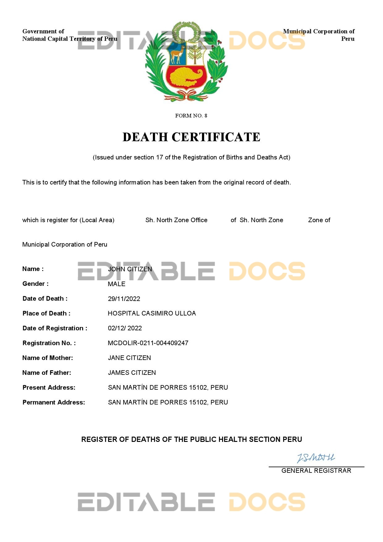 Fillable Peru Death PDF Templates | Blank Docs