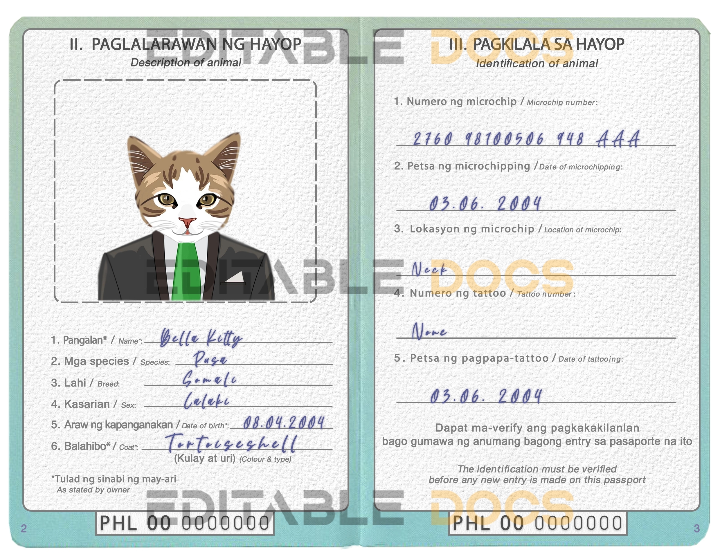 Philippines cat Fake PSD Passport | Instant Download