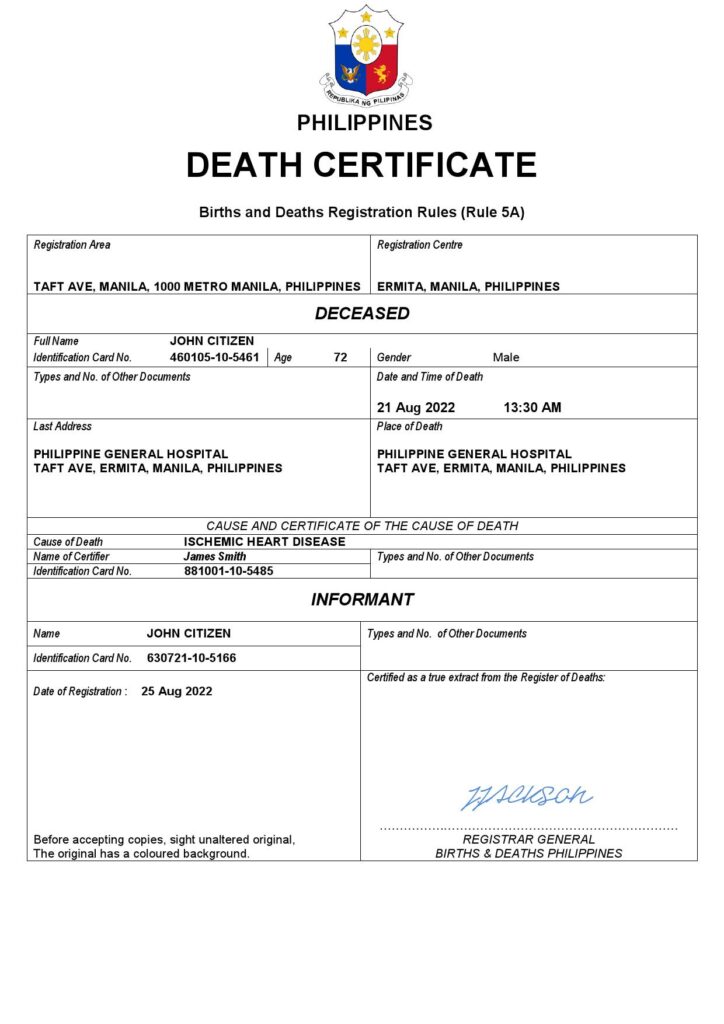 Philippines vital record death certificate Word and PDF template