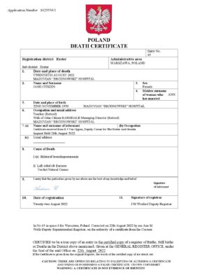 Poland death certificate Word and PDF template, completely editable