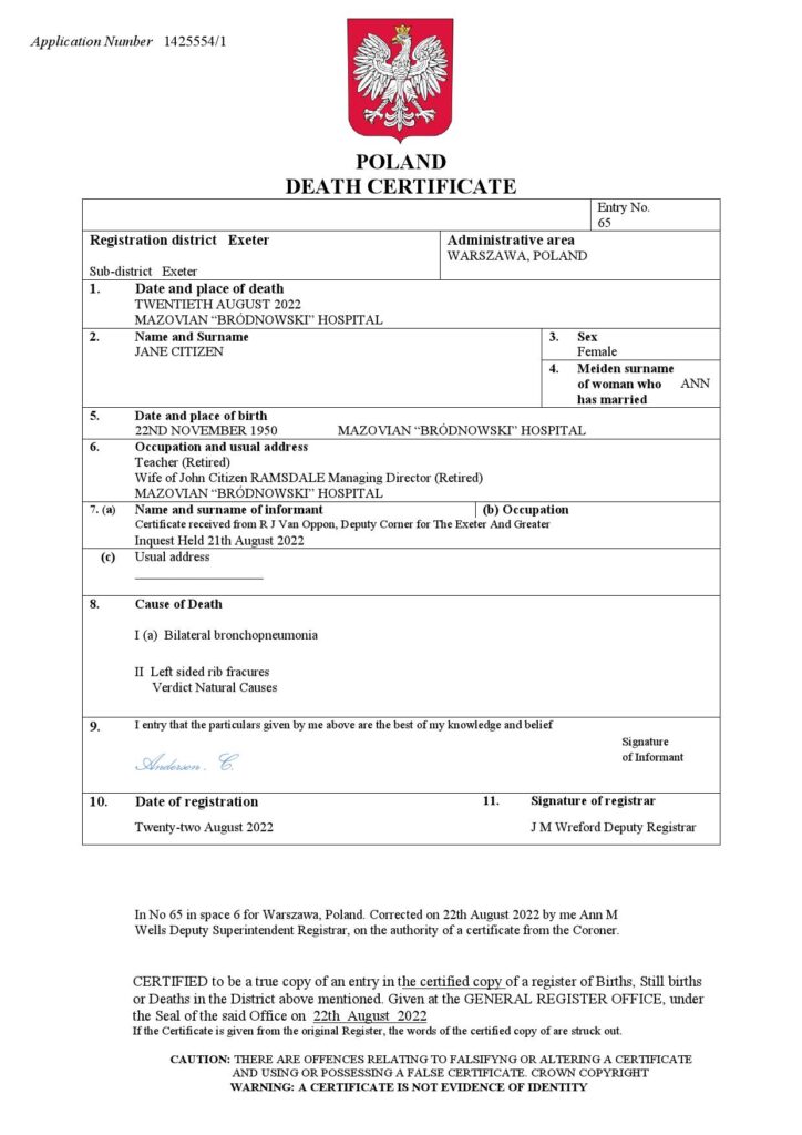 Poland death certificate Word and PDF template, completely editable