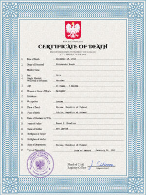 Poland vital record death certificate PSD template, fully editable