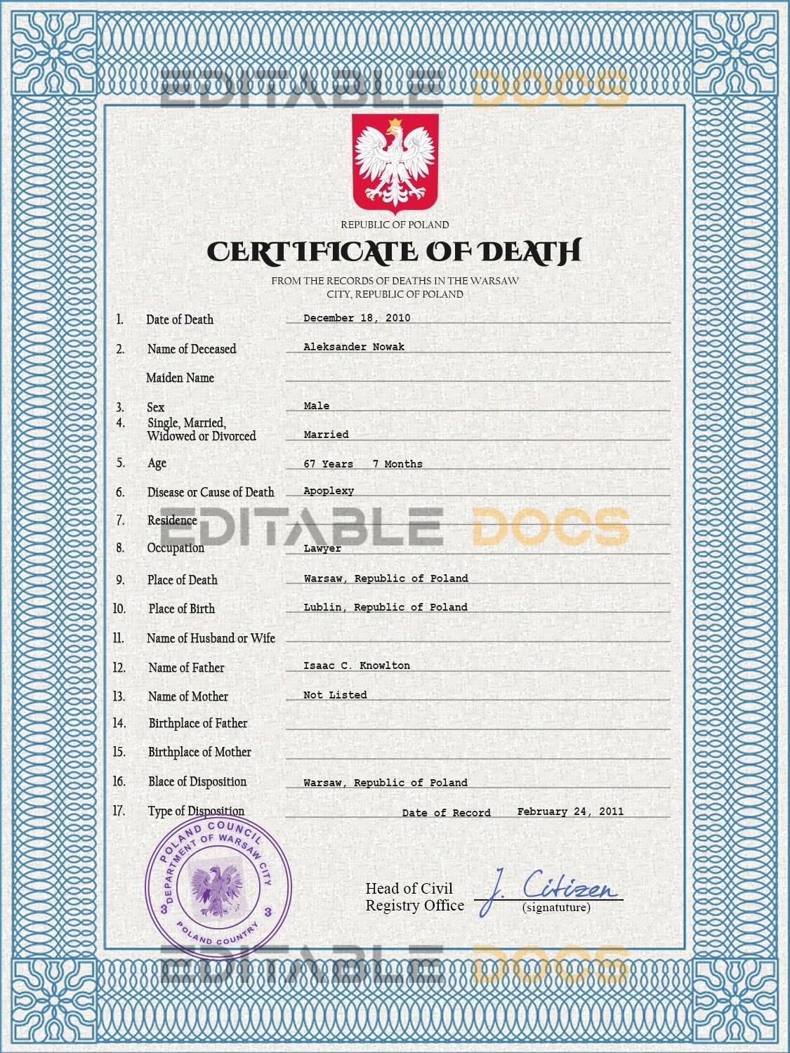 Customizable Poland Death Certificate PSD Templates | Instant Download