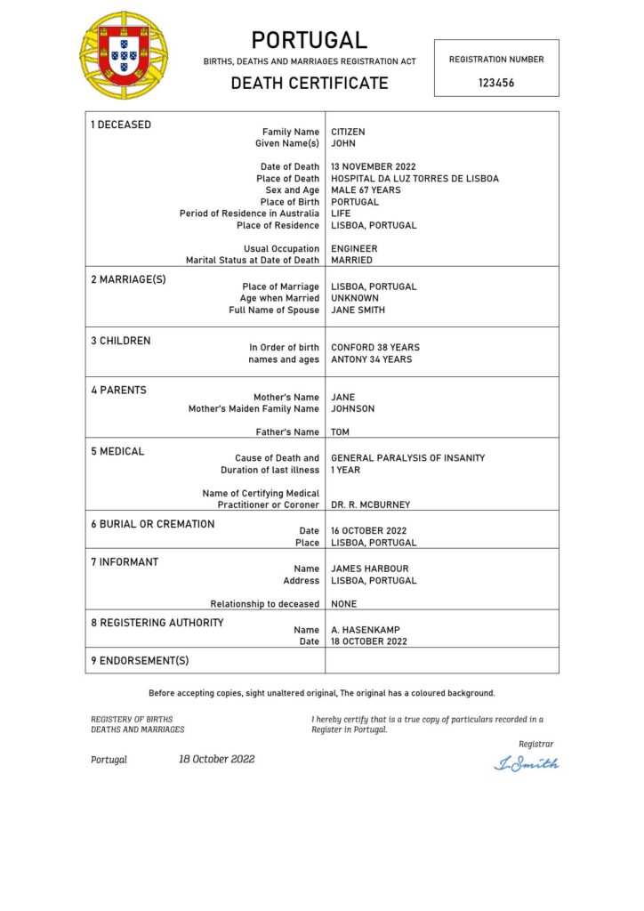 Portugal death certificate Word and PDF template, completely editable