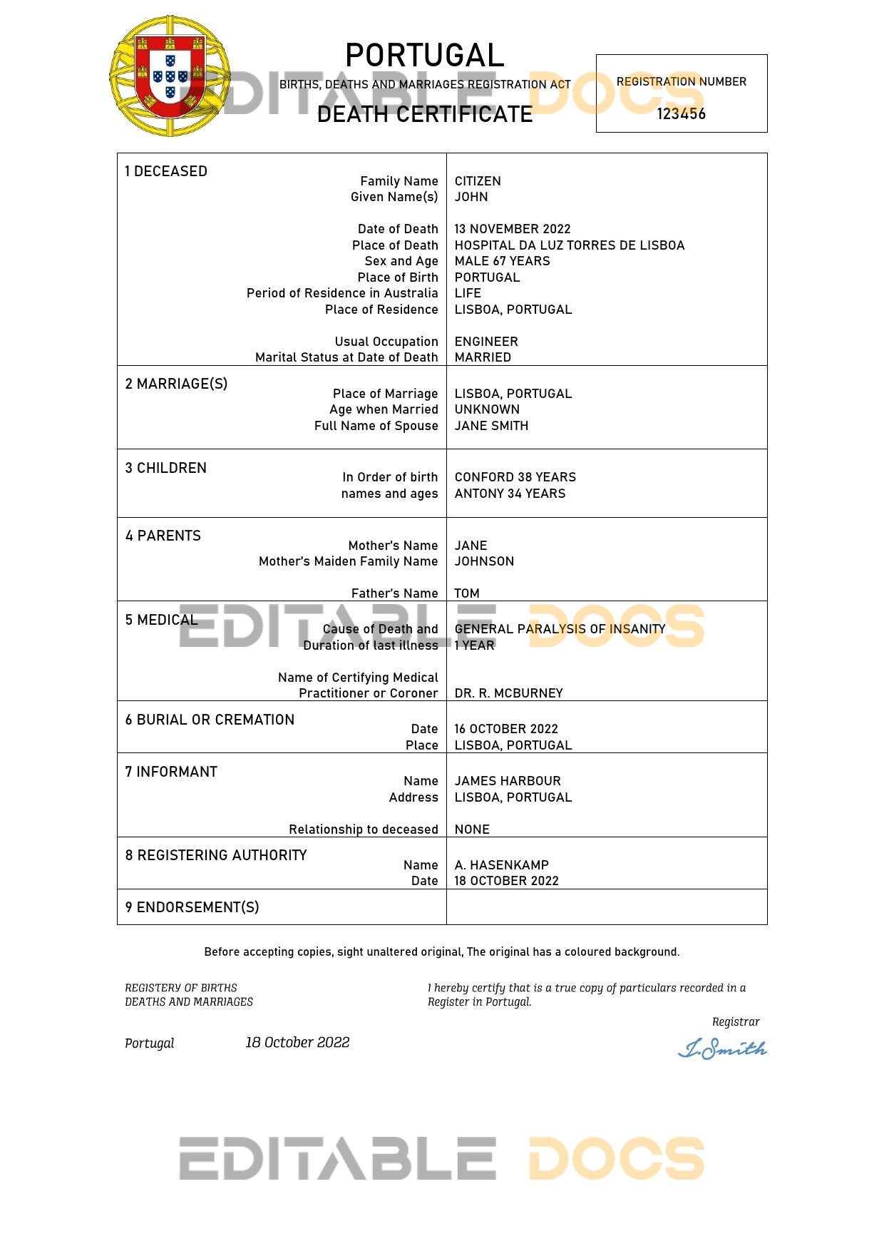 Fillable Portugal Death PDF Templates | Blank Docs