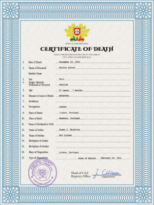 Portugal death certificate PSD template, completely editable