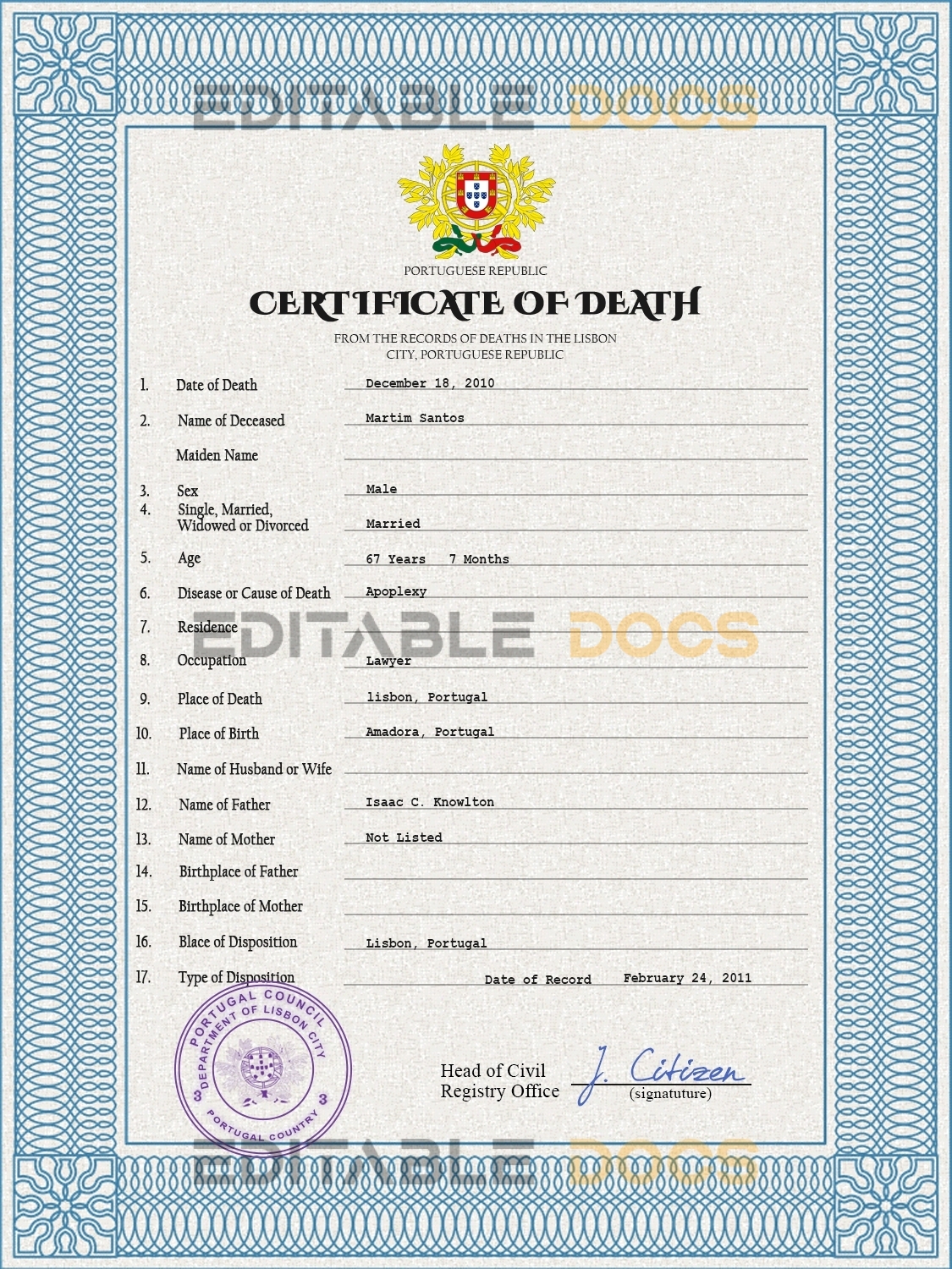 Customizable Portugal Death Certificate PSD Templates | Instant Download