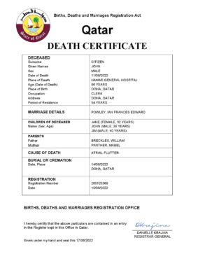 Qatar vital record death certificate Word and PDF template