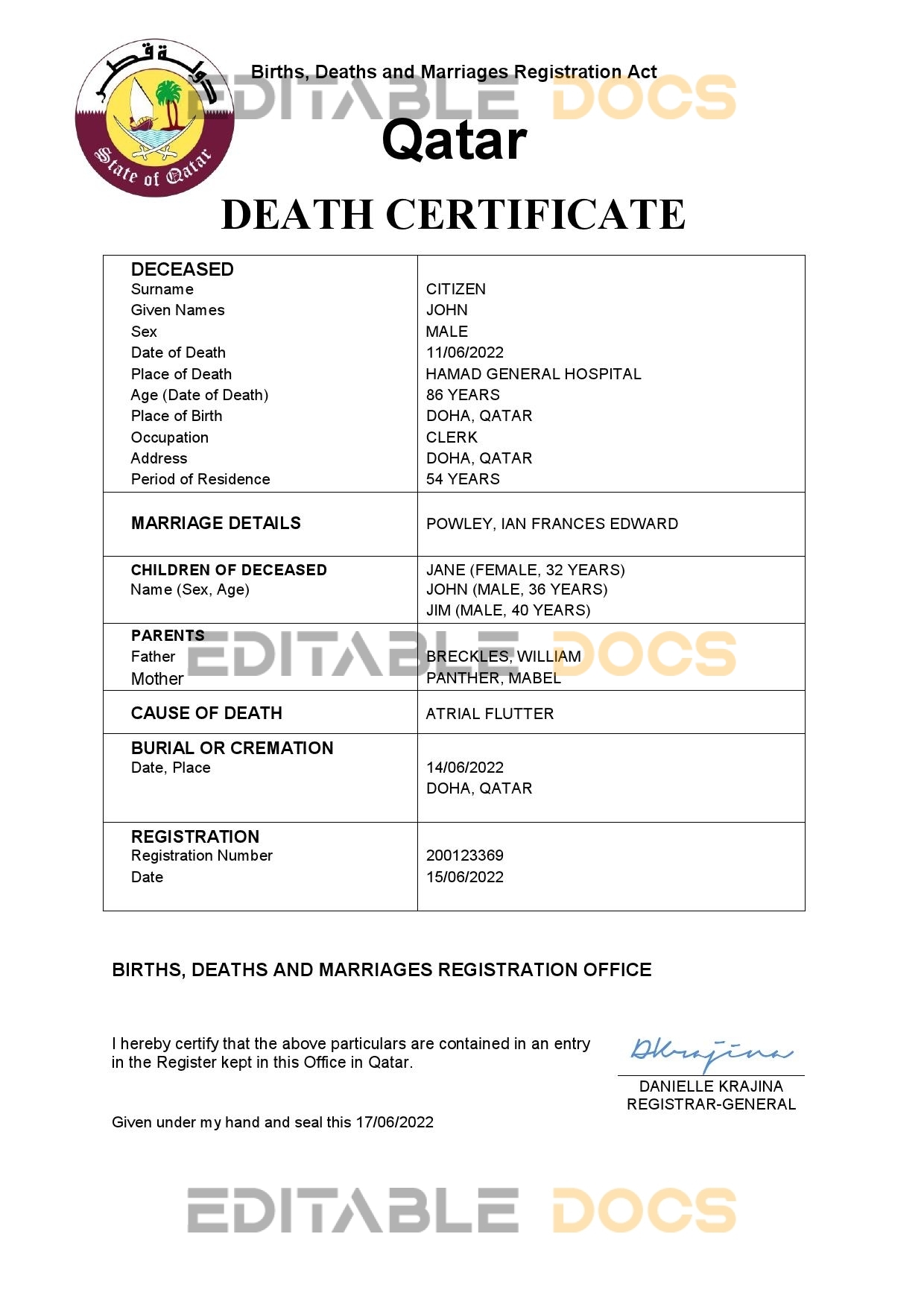 Fillable Qatar Death PDF Templates | Blank Docs
