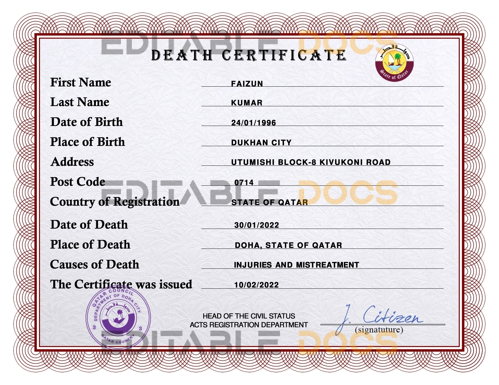 Customizable Qatar Death Certificate PSD Templates | Instant Download