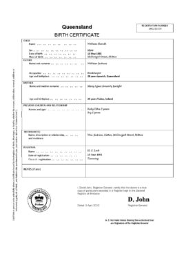 Australia Queensland birth certificate template in Word format