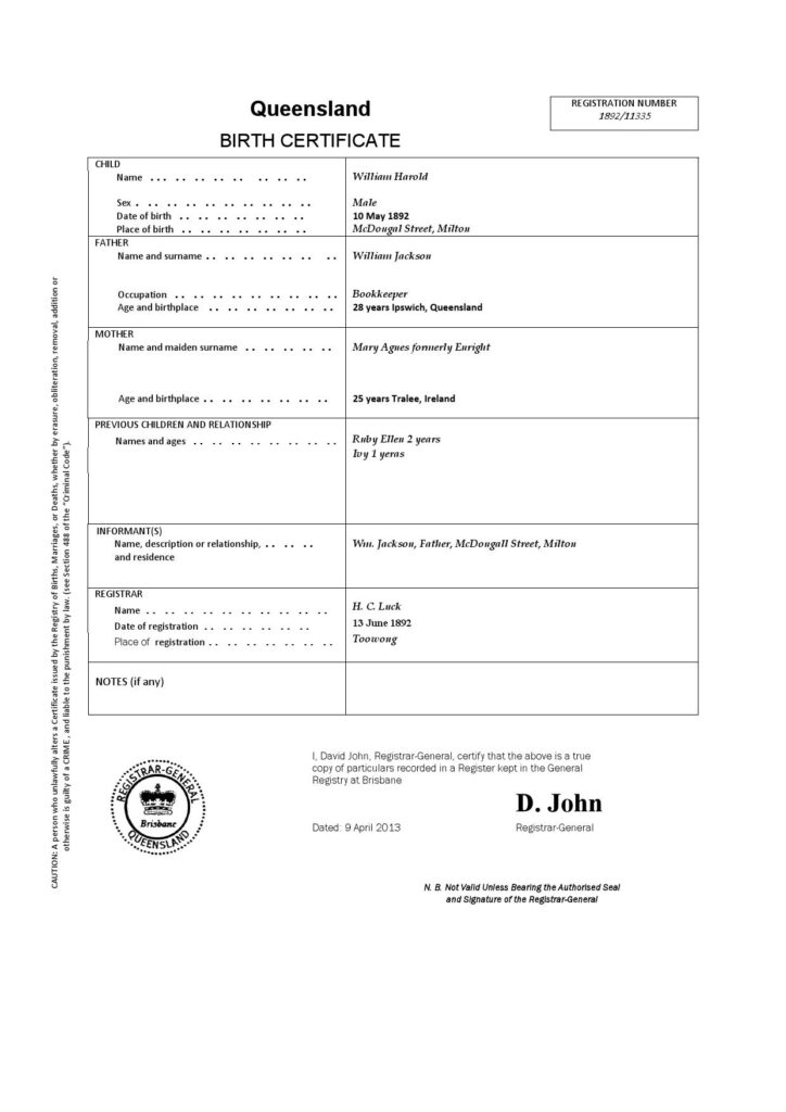 Australia Queensland birth certificate template in Word format