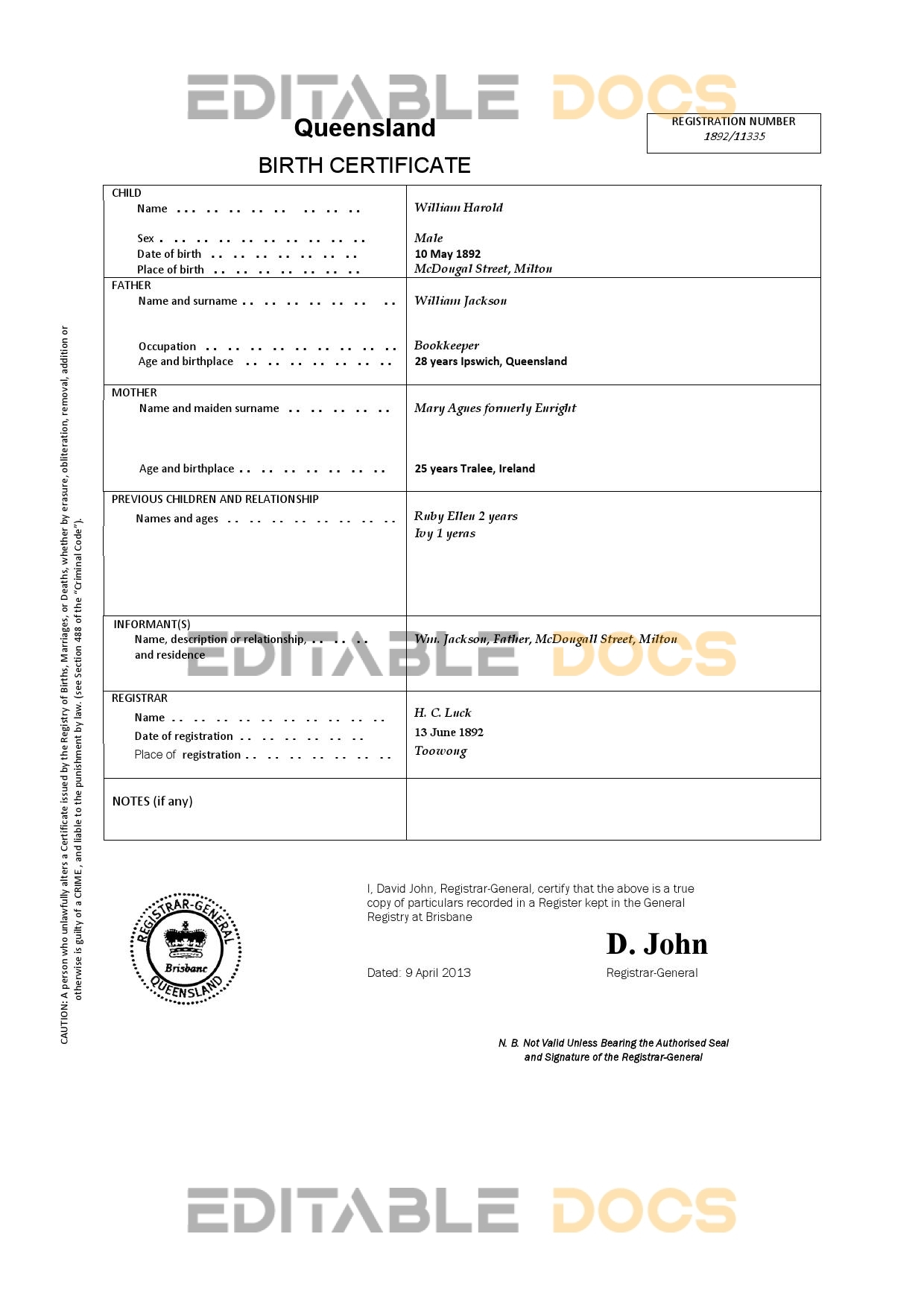 Authentic Australia Queensland Birth Certificate Template | Customize and Download Online