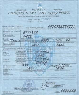 Romania birth certificate template in PSD format, fully editable