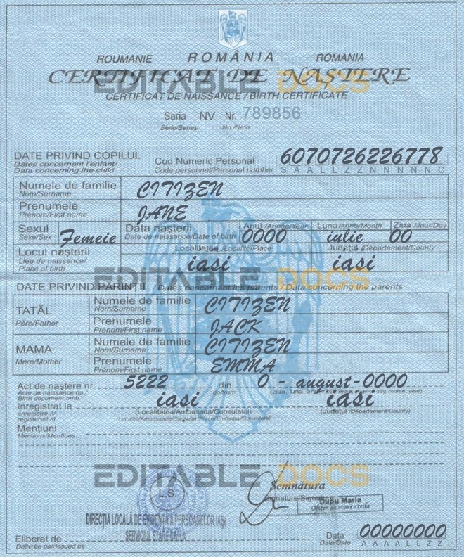 Romania birth certificate template in PSD format, fully editable