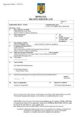 Romania vital record death certificate Word and PDF template