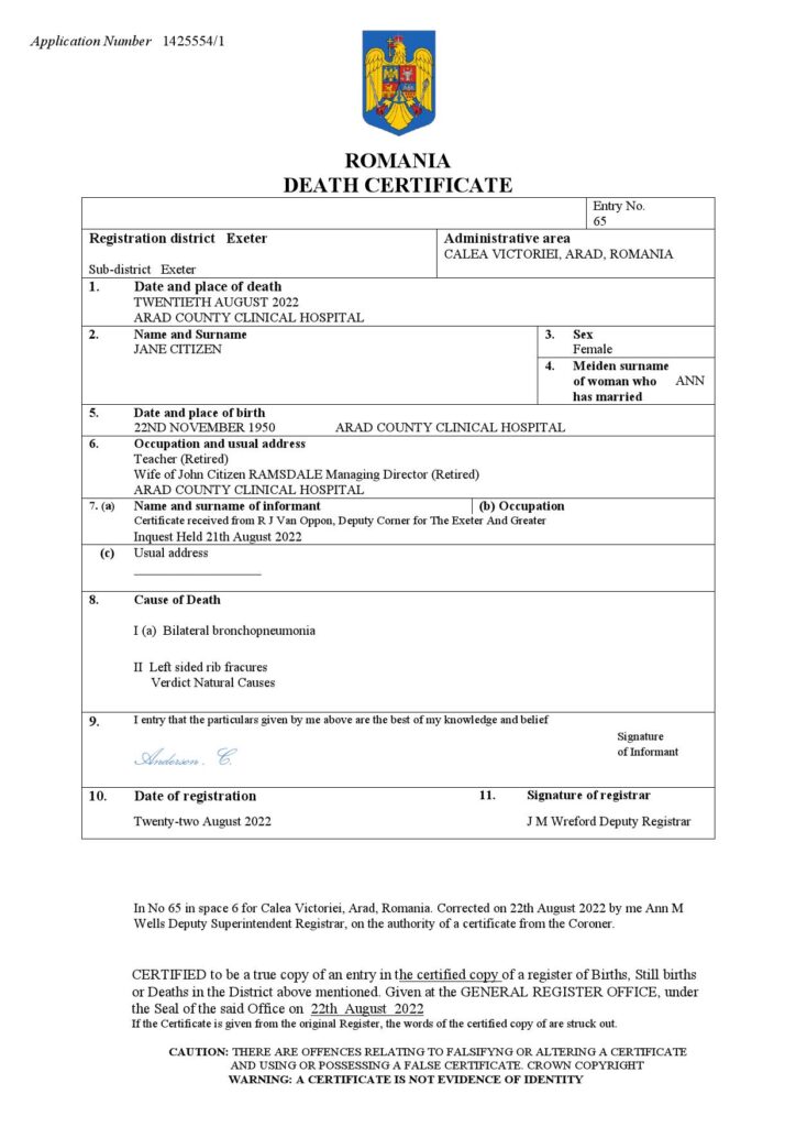 Romania vital record death certificate Word and PDF template