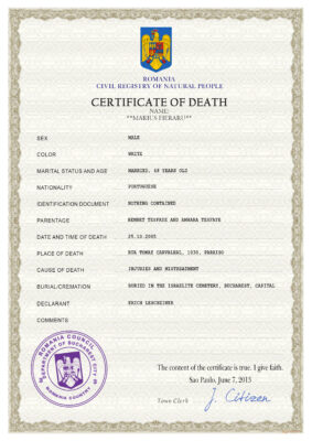Romania death certificate PSD template, completely editable