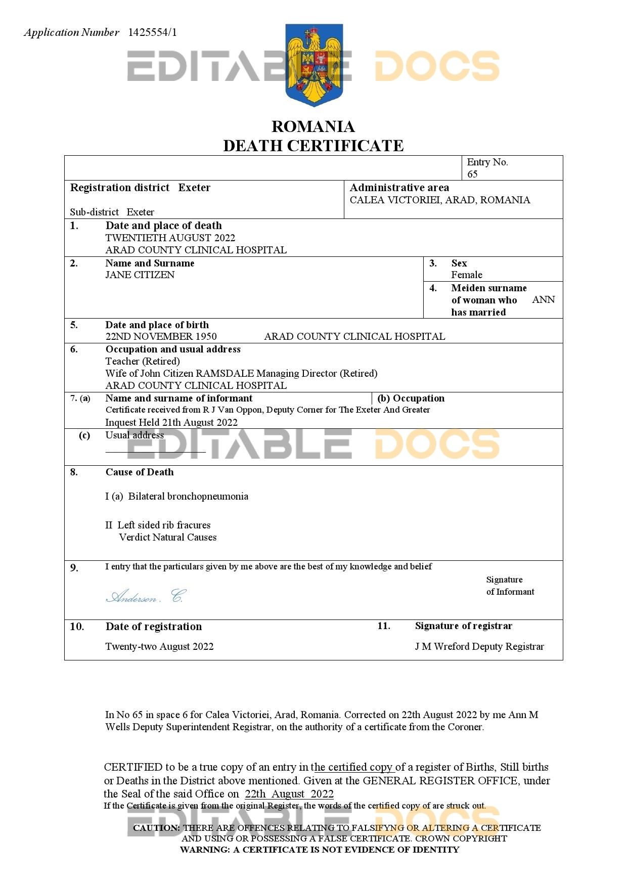 Fillable Romania Death PDF Templates | Blank Docs