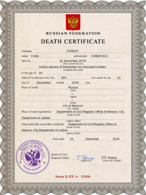 Russia vital record death certificate PSD template, completely editable