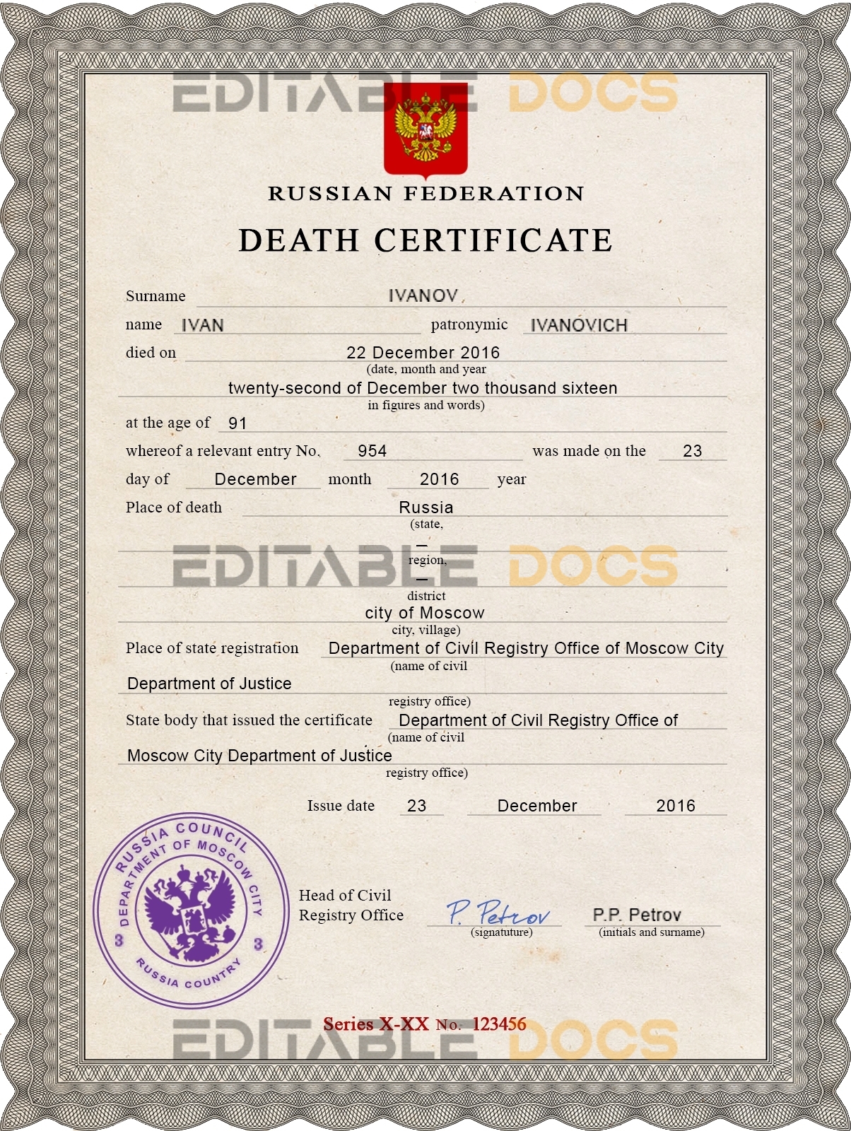 Customizable Russia Death Certificate PSD Templates | Instant Download