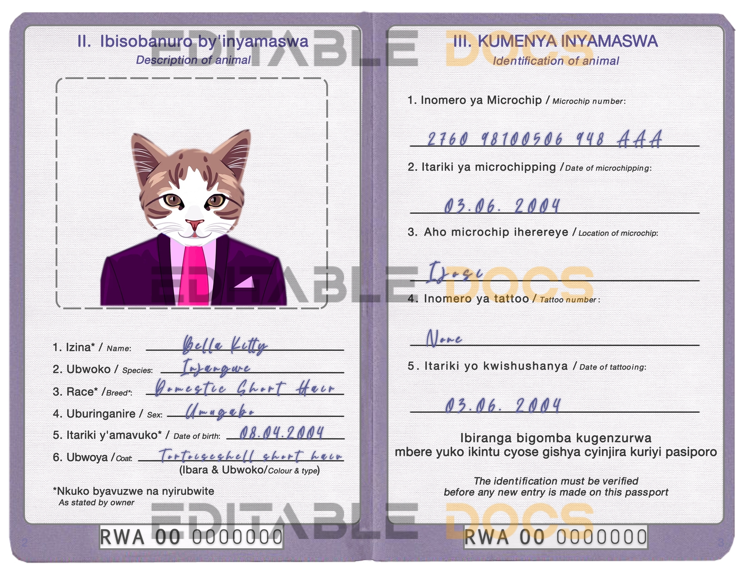 Rwanda cat Fake PSD Passport | Instant Download