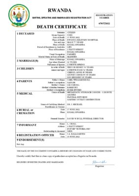 Rwanda vital record death certificate Word and PDF template