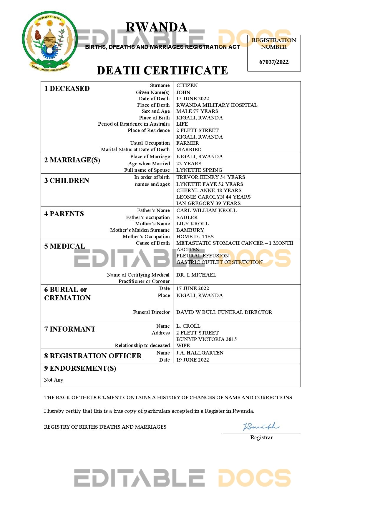 Fillable Rwanda Death PDF Templates | Blank Docs