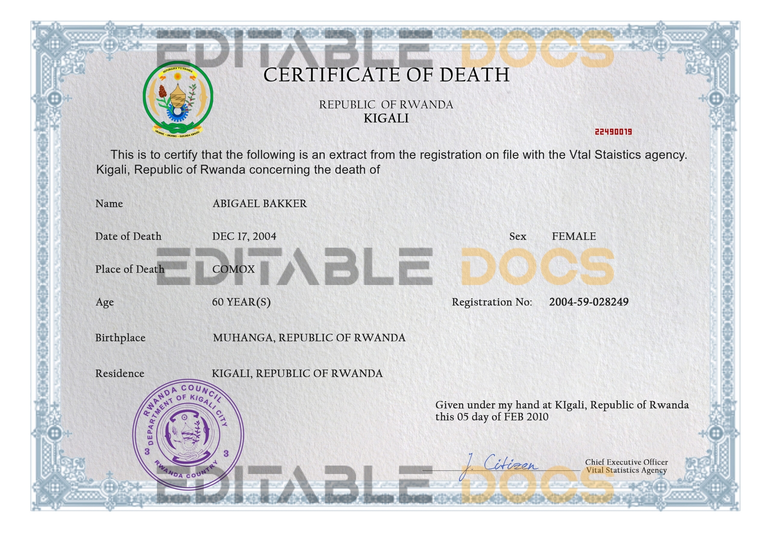 Customizable Rwanda Death Certificate PSD Templates | Instant Download