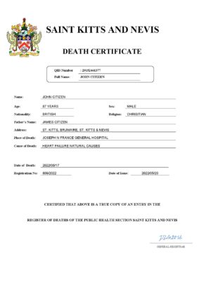 Saint Kitts and Nevis vital record death certificate Word and PDF template