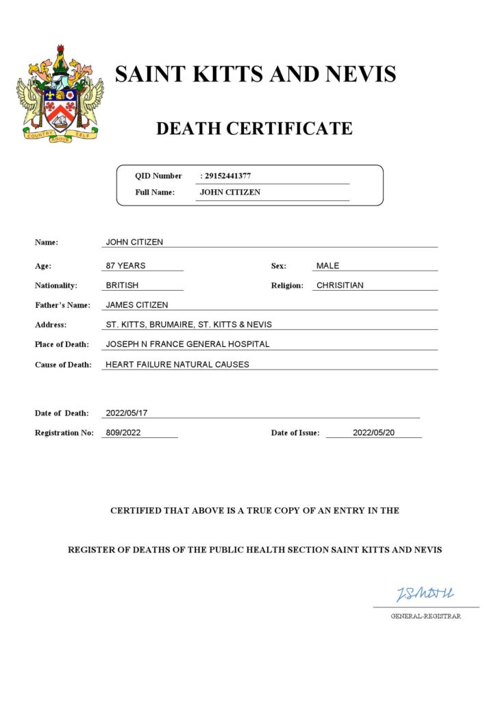 Saint Kitts and Nevis vital record death certificate Word and PDF template