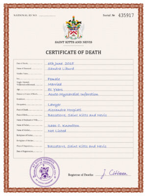 Saint Kitts and Nevis death certificate PSD template, completely editable