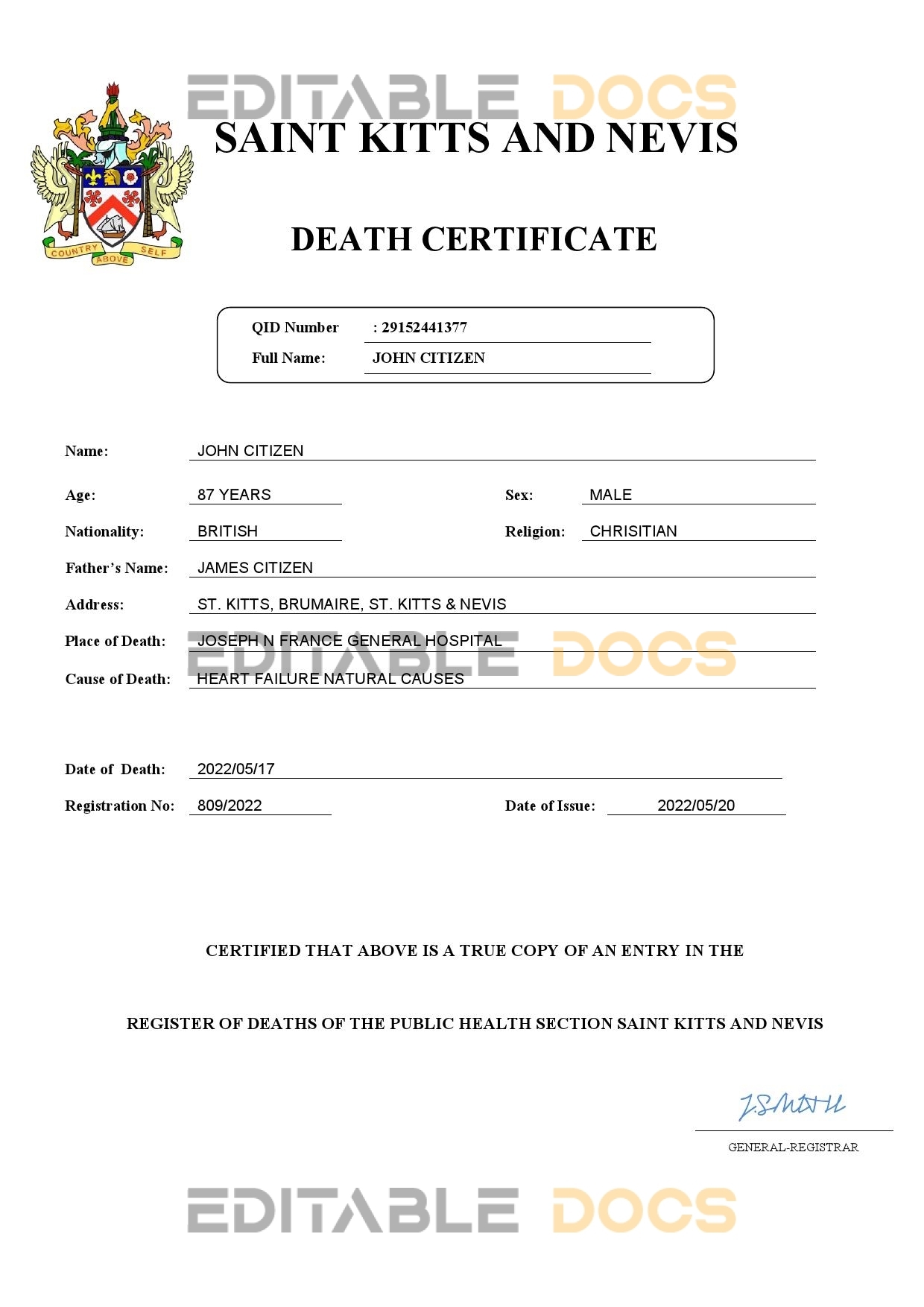 Fillable Saint Kitts and Nevis Death PDF Templates | Blank Docs