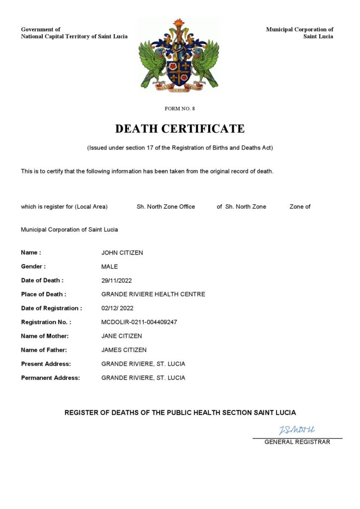 Saint Lucia death certificate Word and PDF template, completely editable