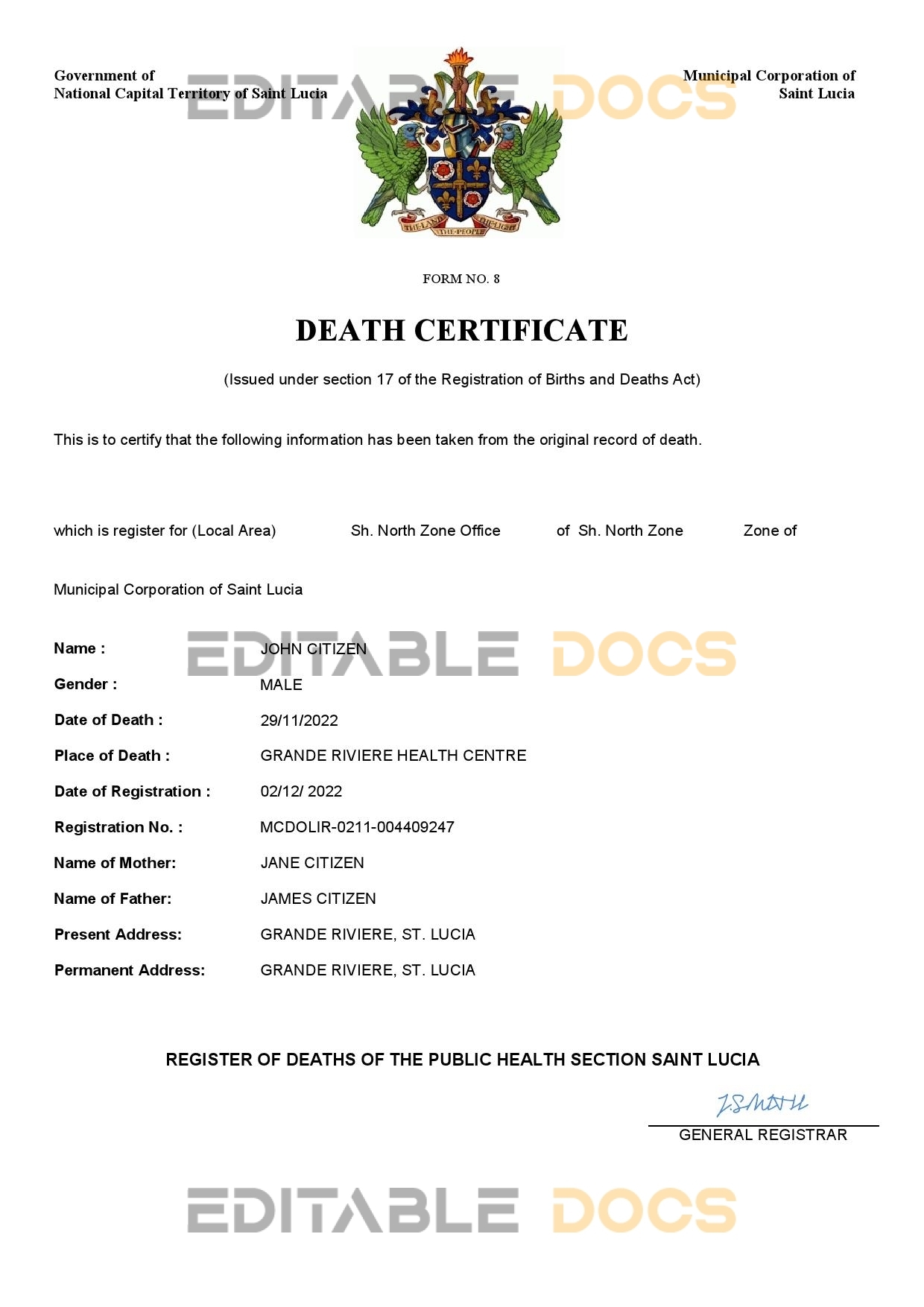 Fillable Saint Lucia Death PDF Templates | Blank Docs