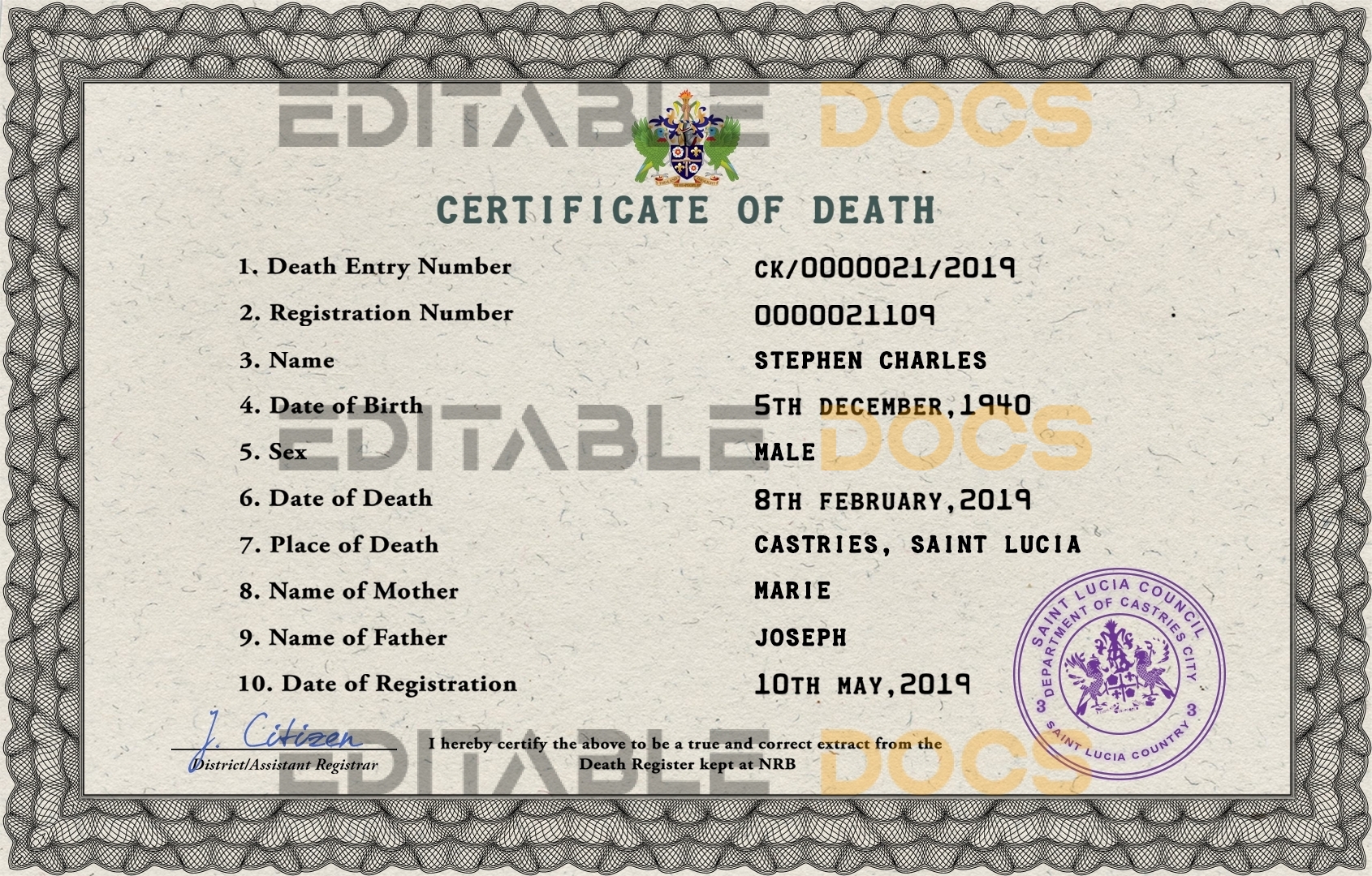 Customizable Saint Lucia Death Certificate PSD Templates | Instant Download