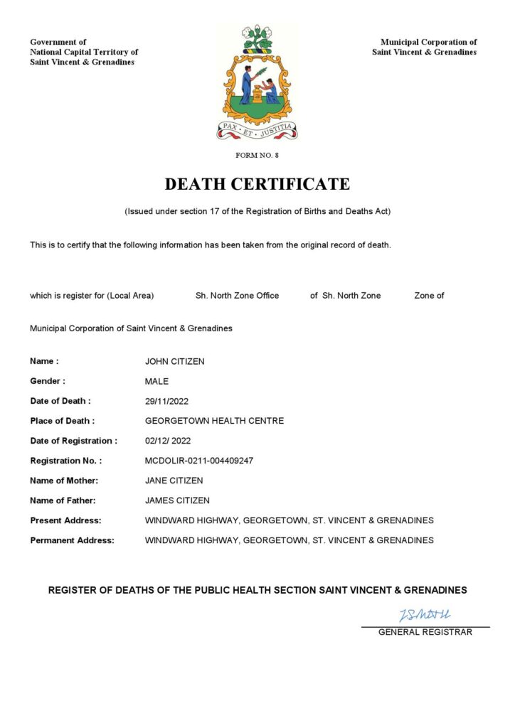 Saint Vincent and the Grenadines vital record death certificate Word and PDF template