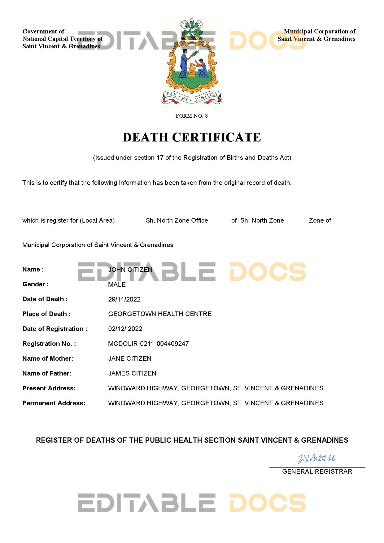 Fillable Saint Vincent and the Grenadines Death PDF Templates | Blank Docs