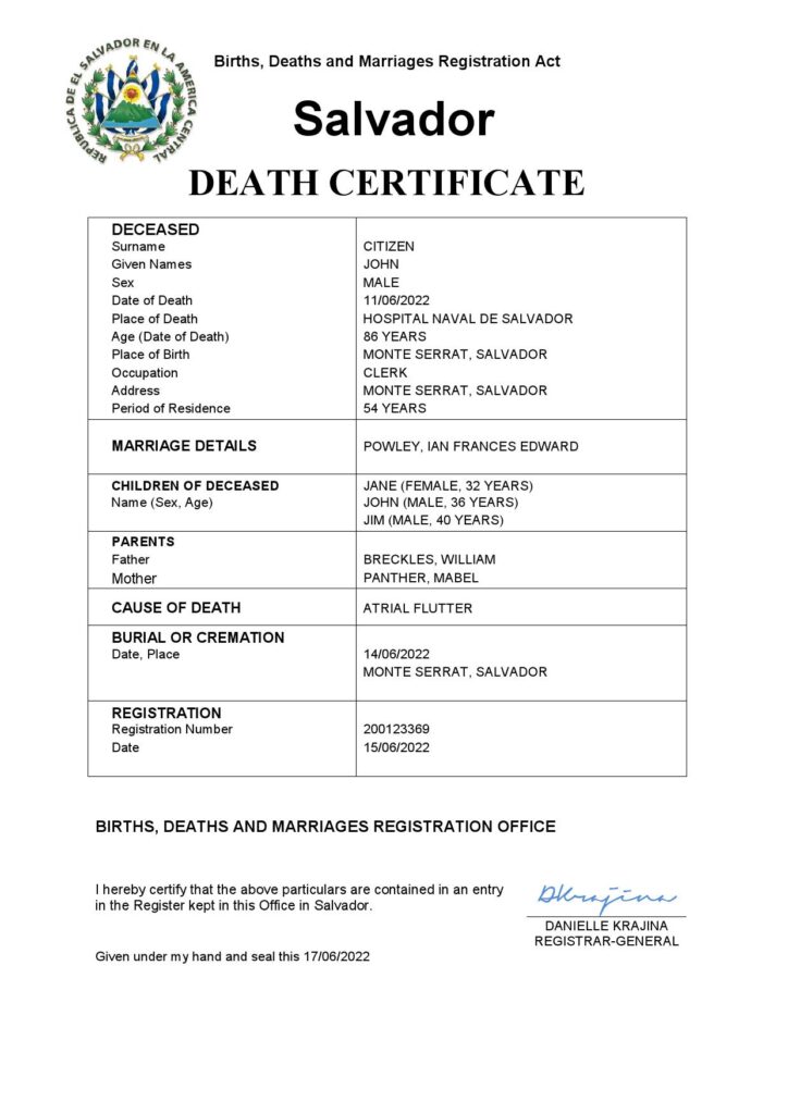 Salvador vital record death certificate Word and PDF template